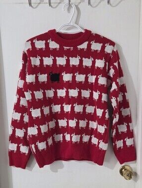 Red Knit Sheep Pattern Sweater with White Sheep (Princess Diana Inspo)